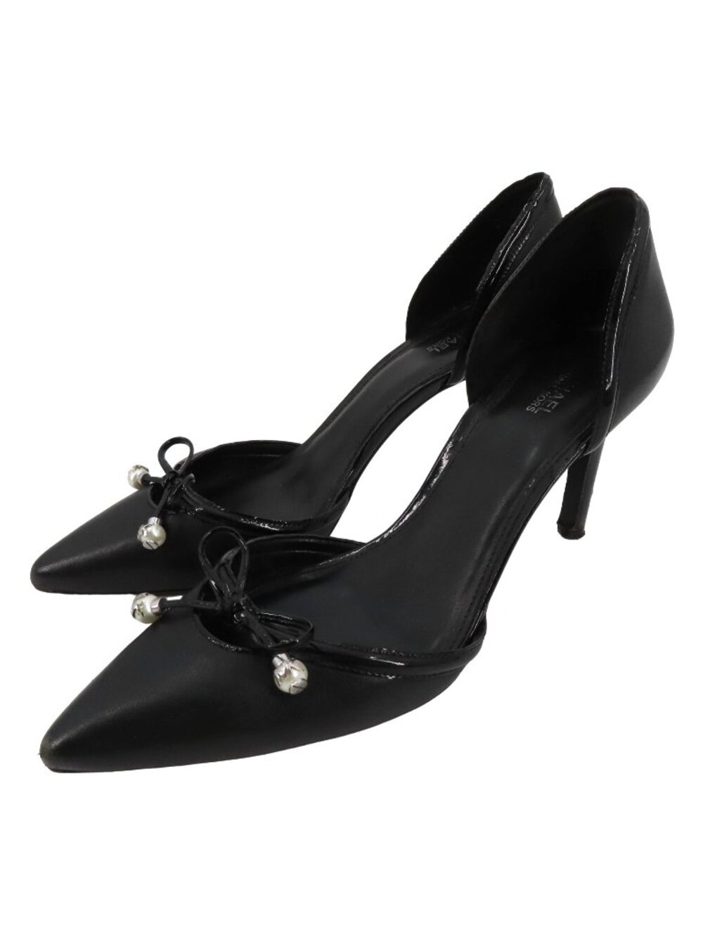 Michael Kors Womens 8.5 Gia Dorsay Heels Black Leather Bow Pearl Charm Shoes